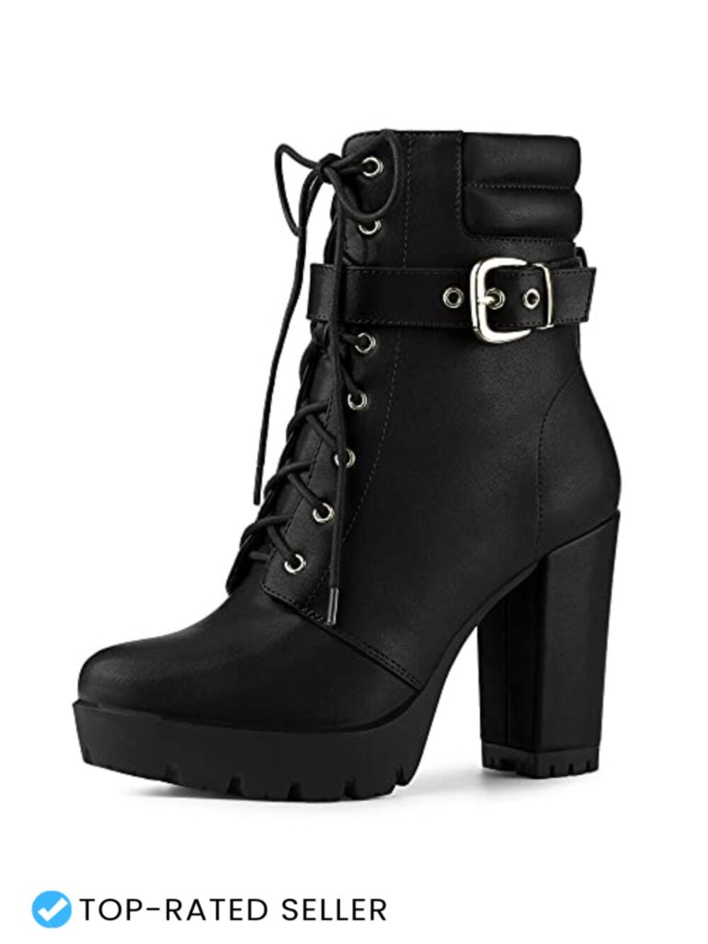 Faux Leather Platform Ankle Boots Lace Up Block Heels Combat Boots
